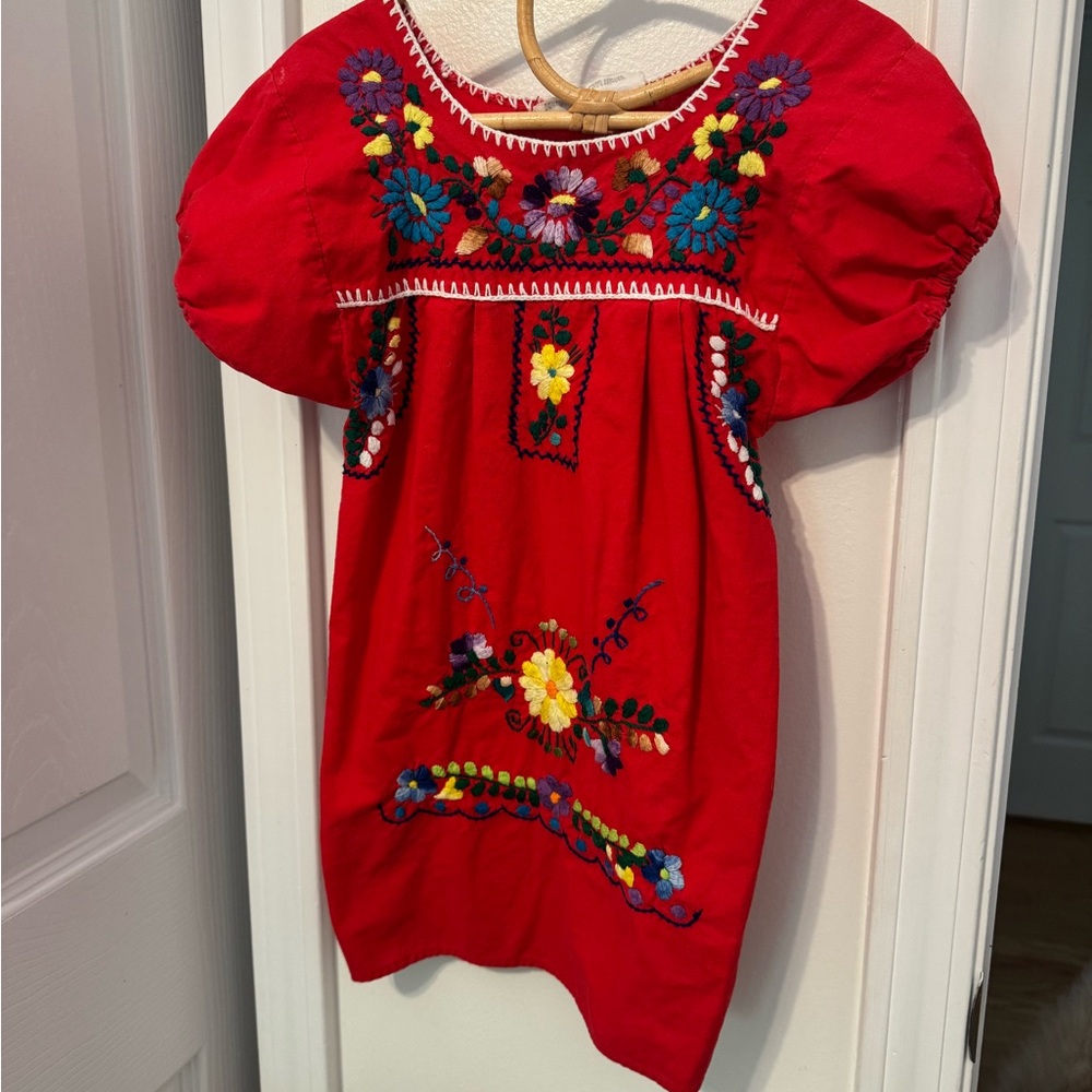 Vintage Mexican Handmade Cotton Red Embroidery Dress